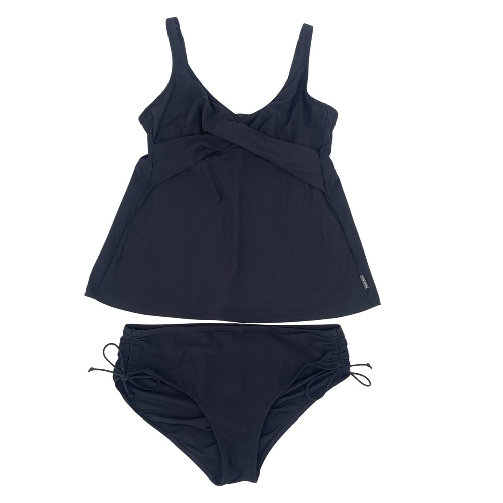 Rosa Faia Tankini Swimsuit Womens Black 2 Piece Crossover Top Side Tie Bottom